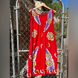 70’s vintage Hawaiian-print Sleeveless Ruffle midi dress